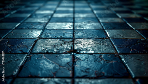High-definition, ultra-realistic photograph of a dark metallic floor with a raised checker pattern photo