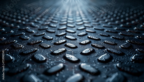 High-definition, ultra-realistic photograph of a dark metallic floor with a raised checker pattern