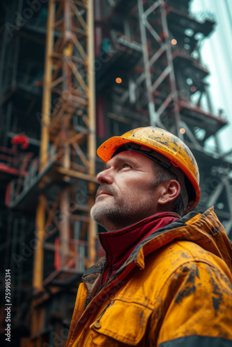 Confident Construction Worker Looking Up at Industrial Site