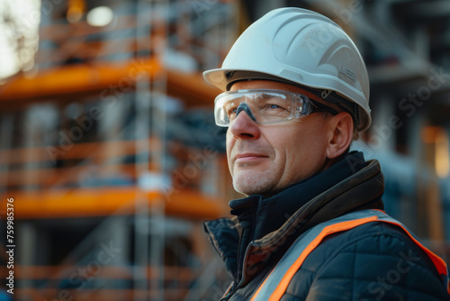 Confident Construction Foreman Overseeing Site at Dusk
