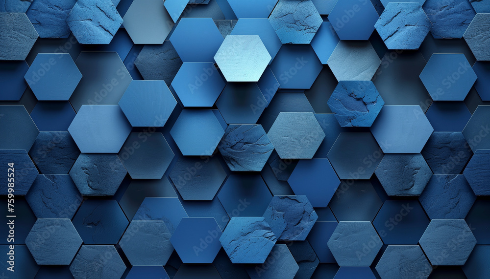 minimalistic abstract image with a seamless pattern of interconnected hexagons, shading from cerulean to indigo.  - obrazy, fototapety, plakaty 
