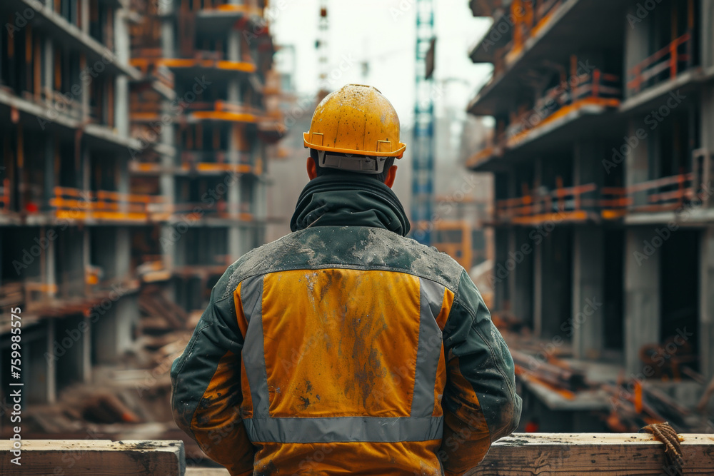 Construction Worker Overlooking Building Site Amidst Urban Development Construction Worker Overlooking Building Site Amidst Urban Development