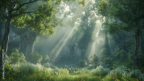 Tranquil forest glade with sunlight filtering through trees, perfect for text placement and overlays