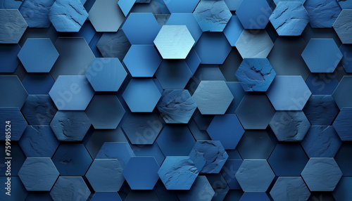 minimalistic abstract image with a seamless pattern of interconnected hexagons, shading from cerulean to indigo. 
