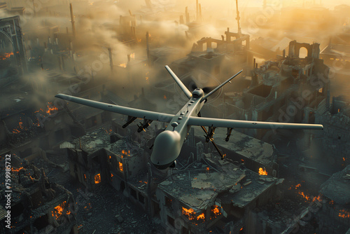 A combat drone during a mission in flight on a background of a ruined city. Modern warfare concept.