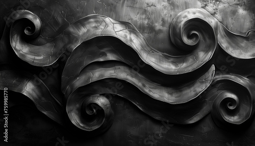 minimalistic abstract tapestry with a repeating motif of charcoal swirls and curls on a matte black backdrop.  photo