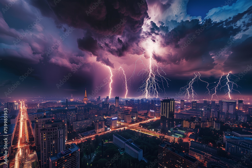 A lightning storm over a city skyline at night, with multiple bolts striking buildings simultaneously and the city lights reflecting off the clouds