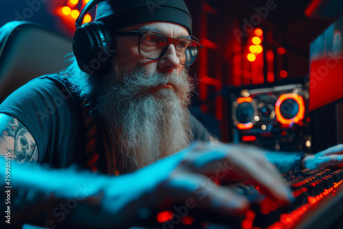 Elderly Gamer with Headset Engaged in Nighttime Gaming Session