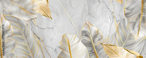 Abstract background with marble texture and golden banana leaves line art pattern. AI generated illustration photo