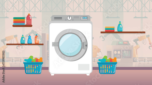 An illustration of a washing machine with an open door and laundry basket on a shiny kitchen floor