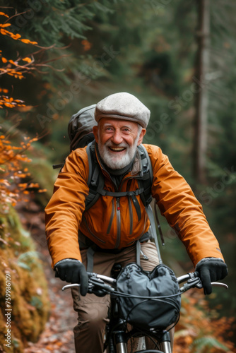 Senior Man Enjoying Cycling Journey in Autumn Forest