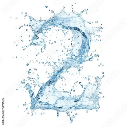 Blue water splash alphabet isolated on white background. Stylized font, capital number 2. Text made of water splashes, number 2.