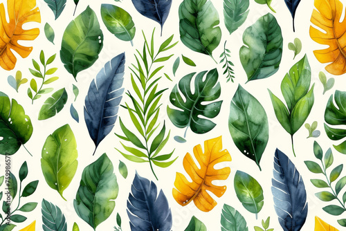 Vivid Watercolor Tropical Leaves Pattern for Design Background