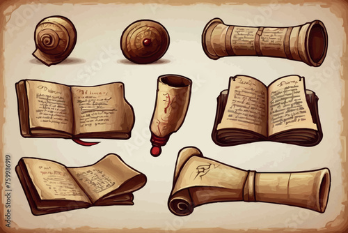 Set of Vintage paper, books, scrolls. Illustration in the style of the sketch. Vector isolated on a white background.