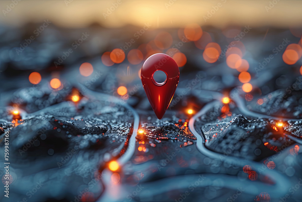 Red pin is placed on a map of a city. The dot is surrounded by a glowing, blurry background