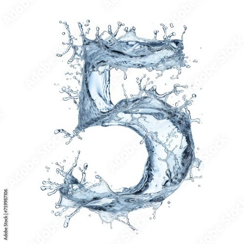 Blue water splash alphabet isolated on white. Spectacular number five and splash of clear water. Digital close-up on white background in water spray. .