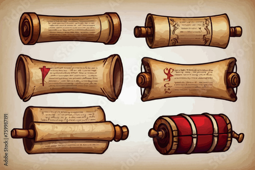 Set of Vintage paper, books, scrolls. Illustration in the style of the sketch. Vector isolated on a white background.