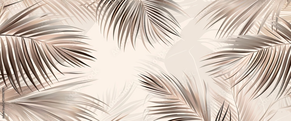 Fototapeta premium Elegant background with palm leaves in light brown and gray tones. AI generated illustration