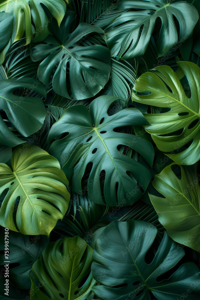 Fototapeta premium Lush Green Monstera Leaves Background - Nature's Textured Canopy