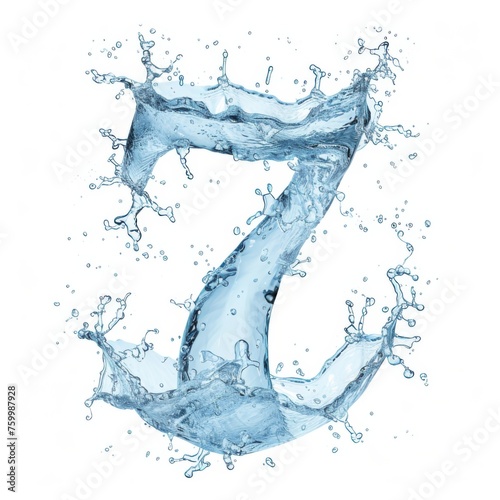 Light blue water drops in the shape of the number 7 on a white background close-up. Number 7 made from water splashes. Spectacular number seven and splash of clear water.