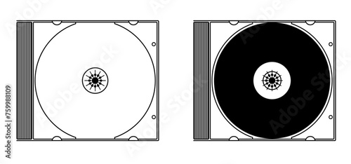 Cartoon cd rom. Compact disc CD or DVD and cover. Empty file and jewel case sign. For data, backup or software.  CD case or box line pattern. CD player listen to music. dvd rw recording.