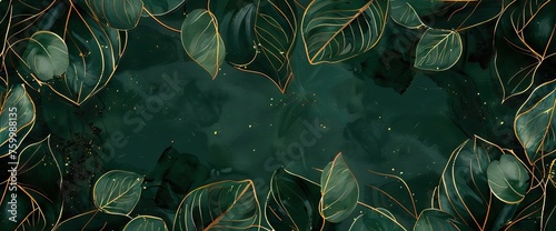 Luxury background with golden line art leaves on emerald green marble texture. AI generated illustration photo