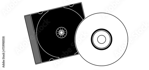 Cartoon cd rom. Compact disc CD or DVD and cover. Empty file and jewel case sign. For data, backup or software.  CD case or box line pattern. CD player listen to music. dvd rw recording.