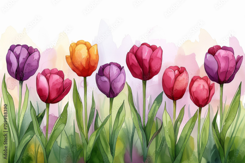 Colorful Watercolor Tulip Garden Illustration