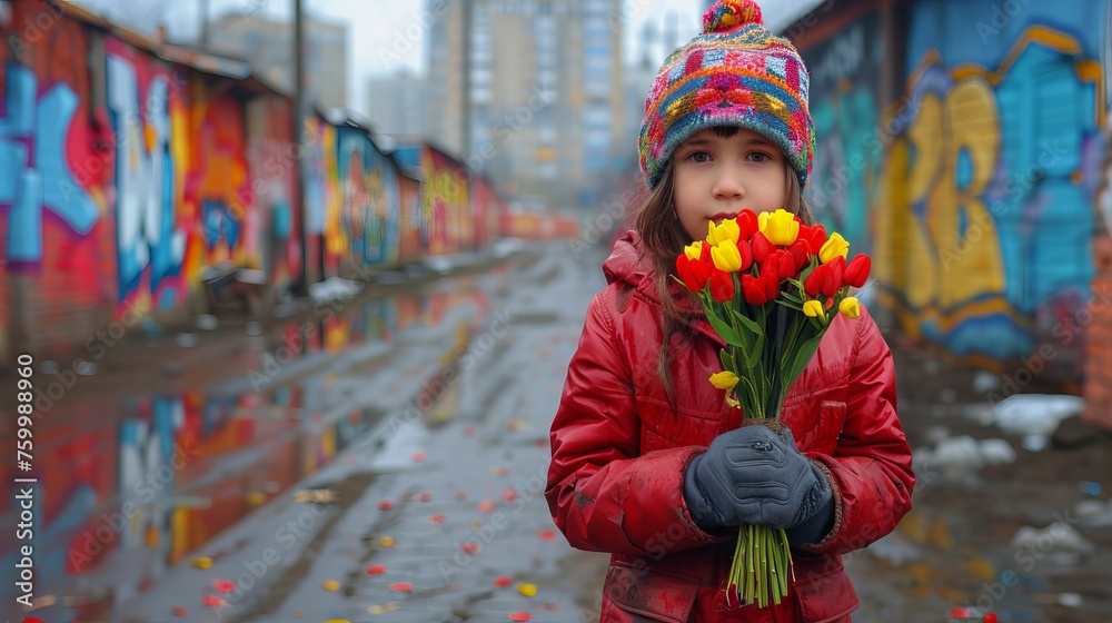 smiling girl in glasses and a pigtail with a bouquet of flowers stands against the background of blurry figures in the school yard. Concept: academic year and friendship. children's adaptation 