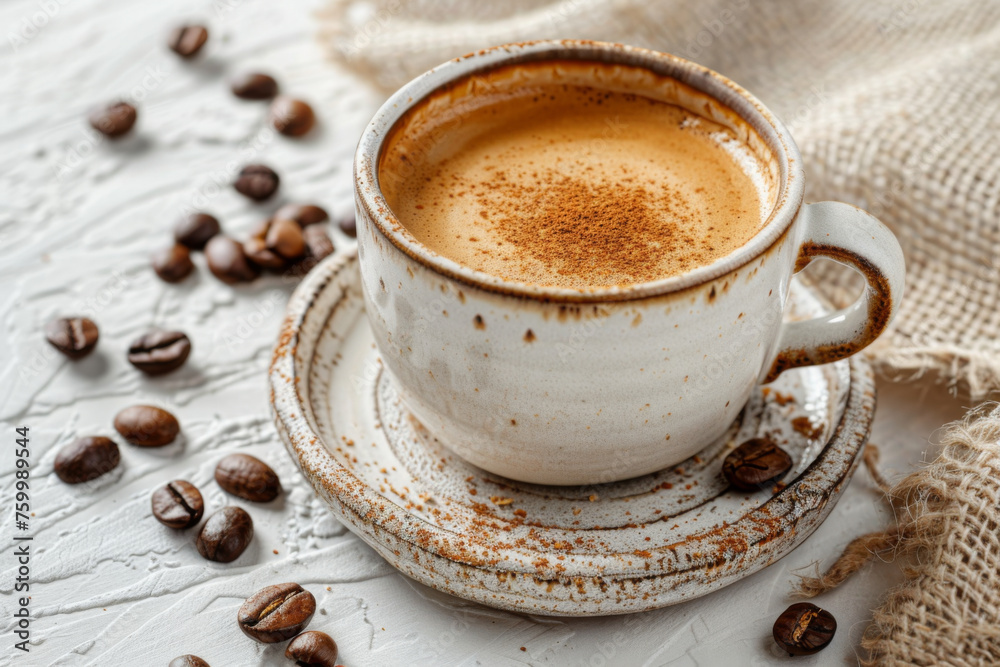 Fototapeta premium Rustic Morning Coffee in Ceramic Cup with Scattered Beans