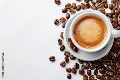 Aromatic Freshly Brewed Coffee in White Cup with Scattered Beans, copyspace