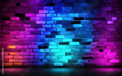 Blue and purple background of brick wall in cyberpunk style