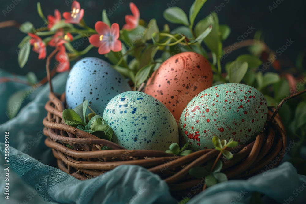 Colorful Painted Easter Eggs and Blossoms in Wicker Basket