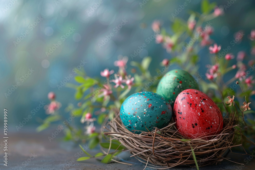 Colorful Easter Eggs Nestled in a Twig Nest Amidst Spring Blossoms Colorful Easter Eggs Nestled in a Twig Nest Amidst Spring Blossoms