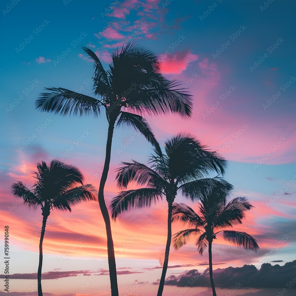 Palm Trees Silhouetted Against a Vibrant Sunset Sky in Hawaii, Exuding Tropical Vibes