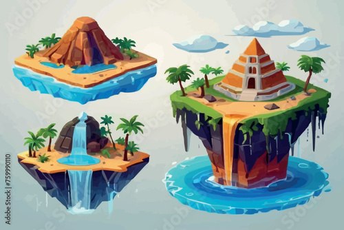 Game island, vector isometric 3D floating land, jungle palm, Egypt desert pyramid, UI environment. Flying platform concept, summer tropical scene stone surface, water. Exotic nature game island kit