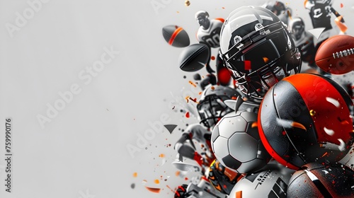 Athletic Energy Surges through Vibrant Football Helmets and Flying Balls on a Grey Canvas photo