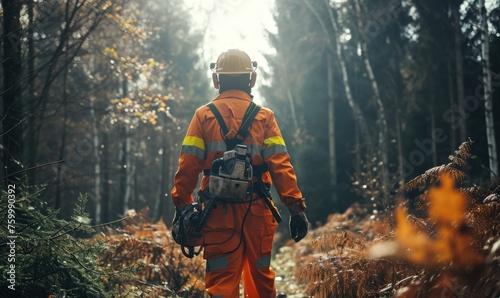 Shot of lumberjack who goes through amazing forest holding chainsaw wearing orange suit and safety helmet. photo