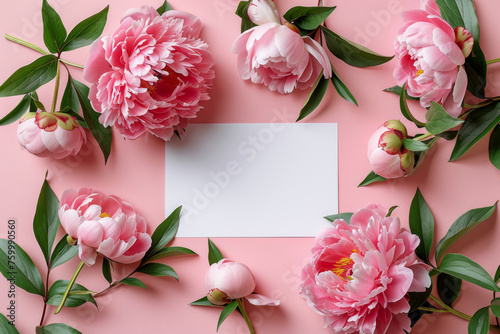 Elegant Pink Peonies with Blank Card on Pastel Background