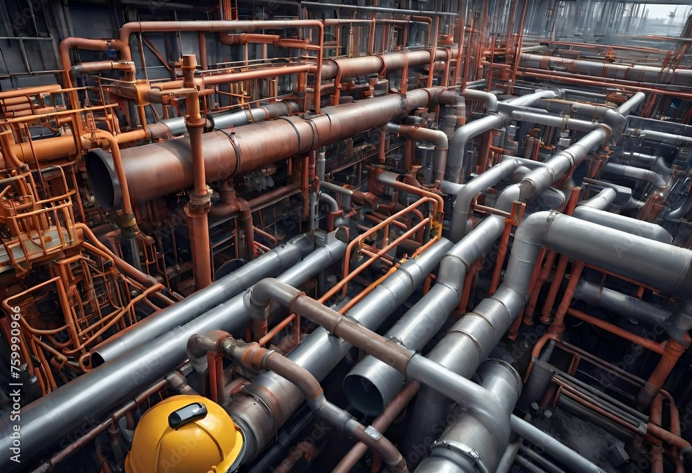 A network of pipe systems and tubes scattered across a bustling construction site, a symphony of metal and machinery captured in vivid detail by an HD camera