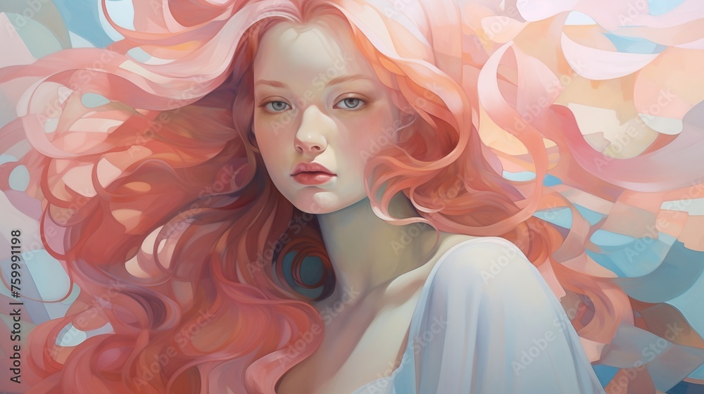An elegant portrayal of a girl model with flowing hair, set against a background of soft, abstract shapes in pastel hues.