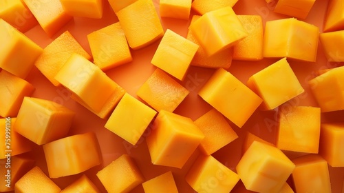 A pile of cubed mangos resting on top of a table