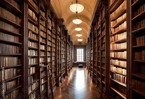 Rows of bookshelves in a serene library, bathed in soft light, inviting viewers to immerse themselves in the pursuit of wisdom through the art of reading, captured in breathtaking HD clarity