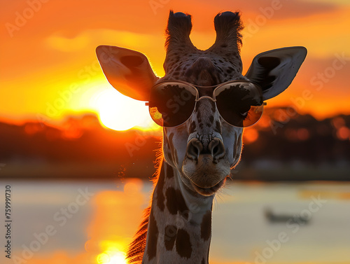 Giraffe with Sunglasses at Sunset by the Water © Pornphan