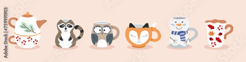 Set of various tea cups and tea pot. Cute cartoon characters. Hand drawn color vector illustration isolated on beige background.