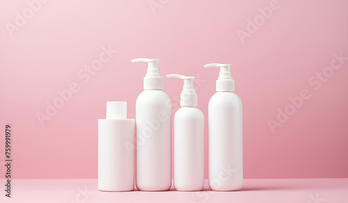 a mockup featuring white cosmetic bottles displayed against a soft pink background. these bottles contain shampoo, conditioner, and shower gel. the mockup provides ample space to add text or branding 