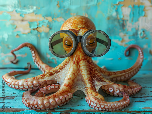 Octopus Wearing Goggles on Vintage Turquoise Background