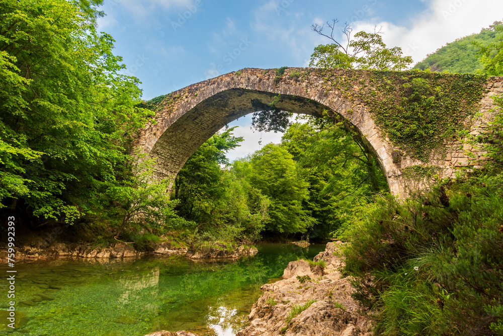 Old bridge over the Dobra river, dating from the Middle Ages and built on the remains of an old Roman road, between the municipalities of Cangas de Onis and Amieva, Asturias.