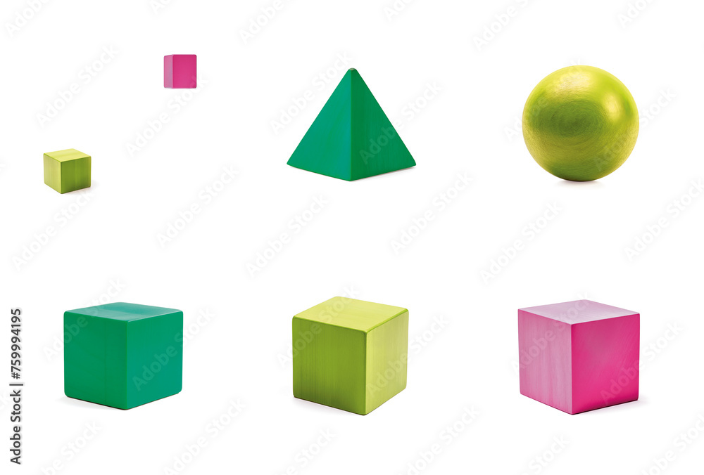 Modern colors 3D cube, pyramid, ball shapes wooden toy blocks Modern colors 3D cube, pyramid, ball shapes wooden toy blocks