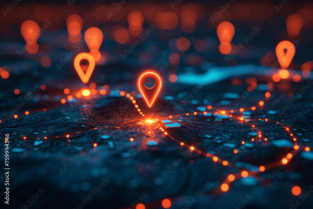 Futuristic Digital Map with Glowing Location Pins Futuristic Digital Map with Glowing Location Pins